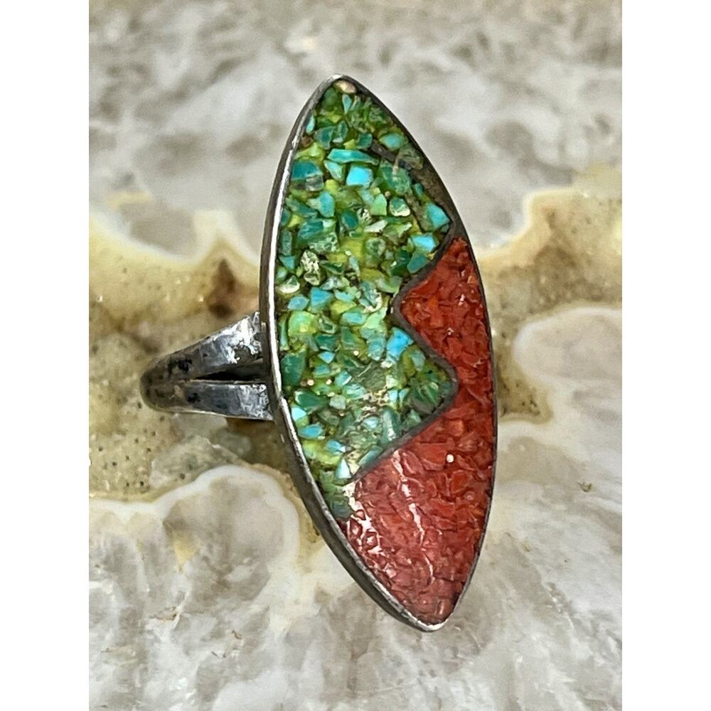 Old Pawn Sterling Silver Southwestern Turquoise Red Coral Inlay Ring Size 7.75